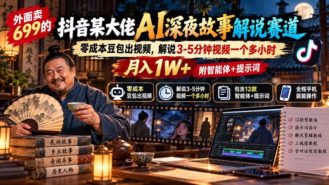 外面卖699的抖音某大佬AI深夜故事解说赛道:零成本豆包出视频,解说3-5分钟视频一个多小时,月入1W+附智能体+提示词 外面卖699的抖音某大佬AI深夜故事解说赛道:零成本豆包出视频,解说3-5分钟视频一个多小时,月入1W+附智能体+提示词
