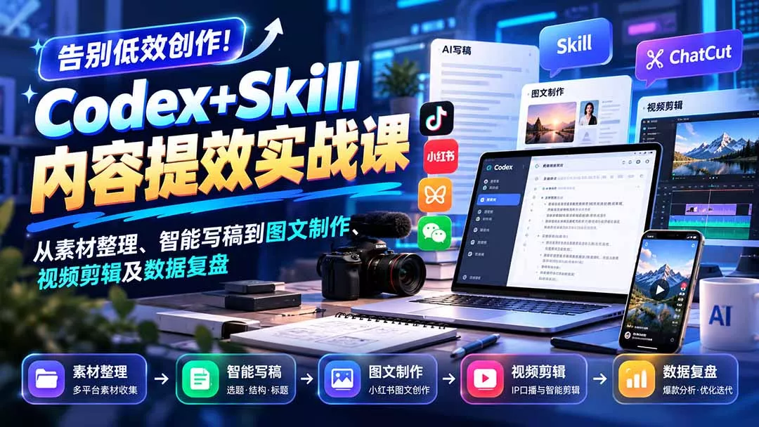 【无水印】告别低效创作!Codex+Skill内容提效实战课:从素材整理、智能写稿到图文制作、视频剪辑及数据复盘 【无水印】告别低效创作!Codex+Skill内容提效实战课:从素材整理、智能写稿到图文制作、视频剪辑及数据复盘