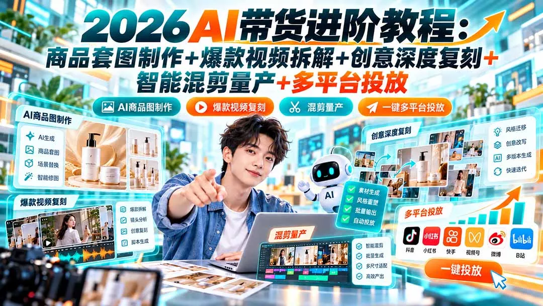 2026AI带货进阶教程:商品套图制作+爆款视频拆解+创意深度复刻+智能混剪量产+多平台投放 2026AI带货进阶教程:商品套图制作+爆款视频拆解+创意深度复刻+智能混剪量产+多平台投放