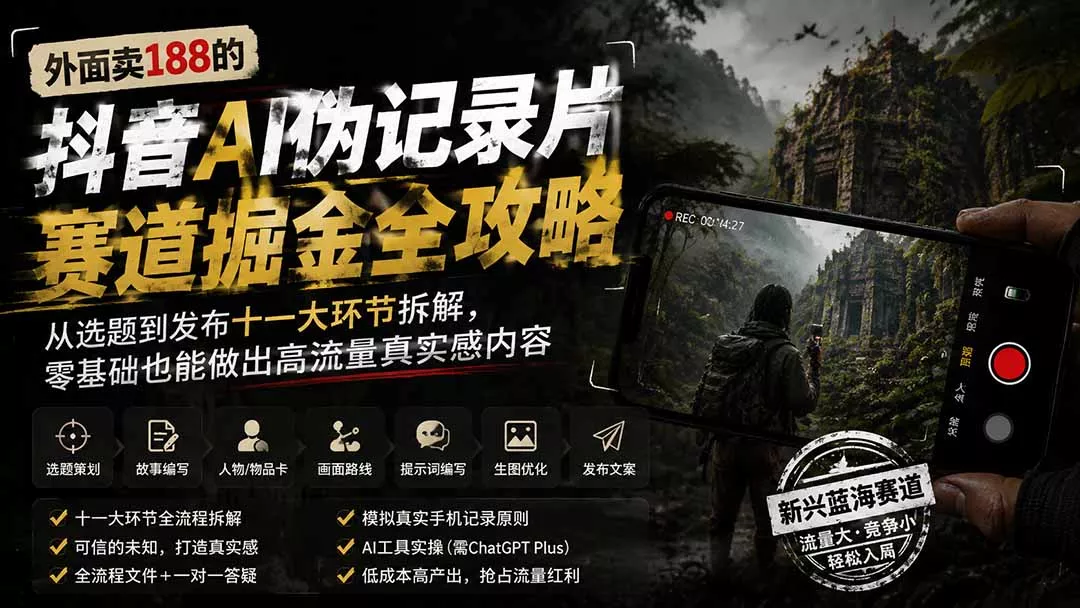 外面卖188的抖音AI伪记录片赛道掘金全攻略;从选题到发布十一大环节拆解,零基础也能做出高流量真实感内容 外面卖188的抖音AI伪记录片赛道掘金全攻略;从选题到发布十一大环节拆解,零基础也能做出高流量真实感内容
