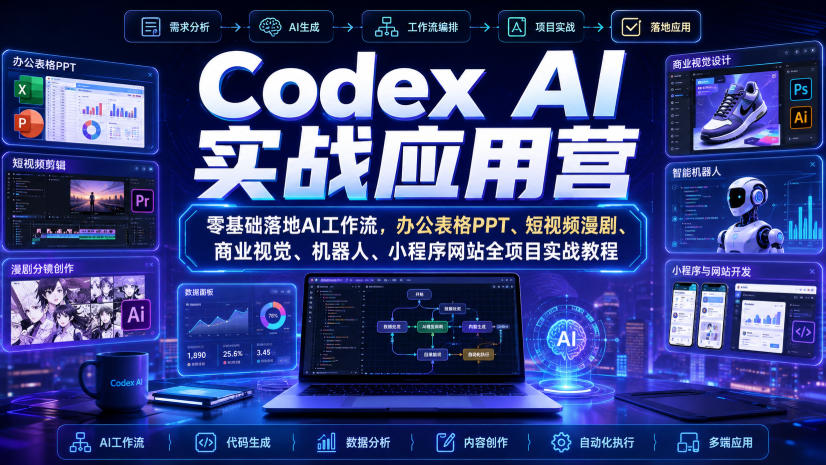 Codex AI实战应用营|零基础落地AI工作流,办公表格PPT、短视频漫剧、商业视觉、机器人、小程序网站全项目实战教程 Codex AI实战应用营|零基础落地AI工作流,办公表格PPT、短视频漫剧、商业视觉、机器人、小程序网站全项目实战教程