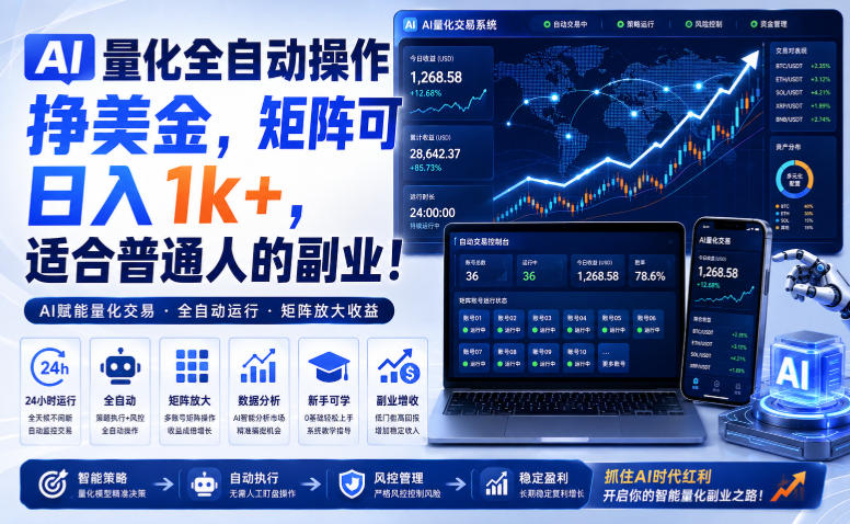 AI量化全自动操作挣美金,矩阵可日入1k+,适合普通人的副业!【揭秘】 AI量化全自动操作挣美金,矩阵可日入1k+,适合普通人的副业!【揭秘】