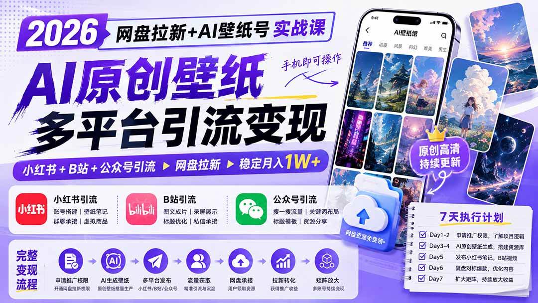 (19732期)2026网盘拉新+AI壁纸号实战课:AI原创壁纸+小红书+B站+公众号引流,手机即可操作,月入1W+ (19732期)2026网盘拉新+AI壁纸号实战课:AI原创壁纸+小红书+B站+公众号引流,手机即可操作,月入1W+