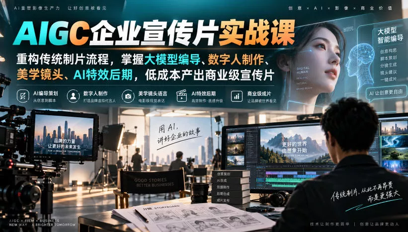 AIGC企业宣传片实战课，重构传统制片流程，掌握大模型编导、数字人制作、美学镜头、AI特效后期，低成本产出商业级宣传片