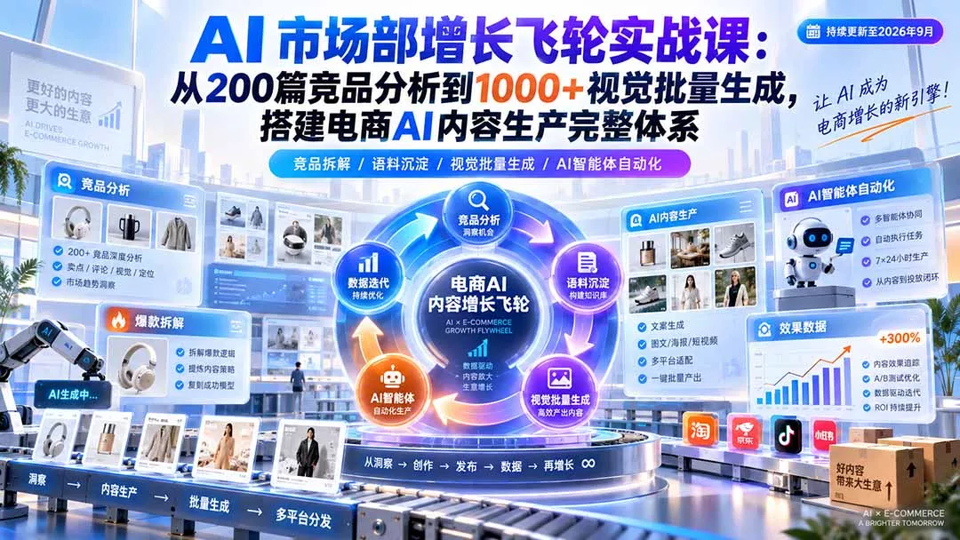 AI 市场部增长飞轮实战课:从200篇竞品分析到1000+视觉批量生成,搭建电商AI内容生产完整体系 AI 市场部增长飞轮实战课:从200篇竞品分析到1000+视觉批量生成,搭建电商AI内容生产完整体系