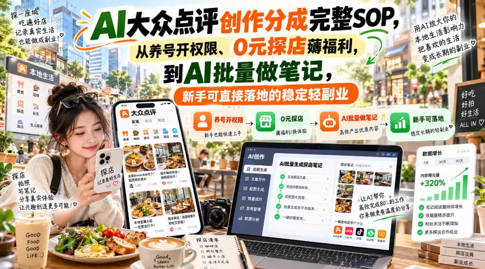 【无水印】AI大众点评创作分成完整SOP,从养号开权限、0元探店薅福利,到AI批量做笔记,新手可直接落地的稳定轻副业 【无水印】AI大众点评创作分成完整SOP,从养号开权限、0元探店薅福利,到AI批量做笔记,新手可直接落地的稳定轻副业