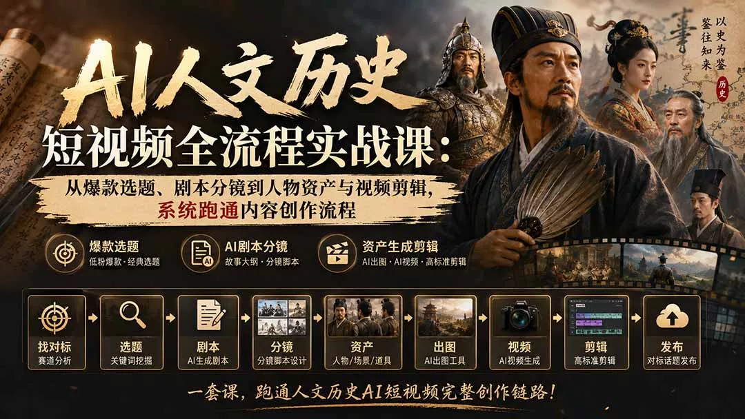 AI人文历史短视频全流程实战课:从爆款选题、剧本分镜到人物资产与视频剪辑,系统跑通内容创作流程 AI人文历史短视频全流程实战课:从爆款选题、剧本分镜到人物资产与视频剪辑,系统跑通内容创作流程