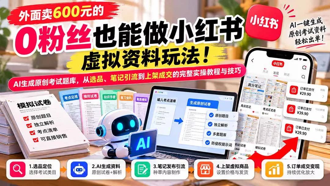 外面卖600元的 零粉丝也能做小红书虚拟资料玩法!AI生成原创考试题库,从选品、笔记引流到上架成交的完整实操教程 外面卖600元的 零粉丝也能做小红书虚拟资料玩法!AI生成原创考试题库,从选品、笔记引流到上架成交的完整实操教程