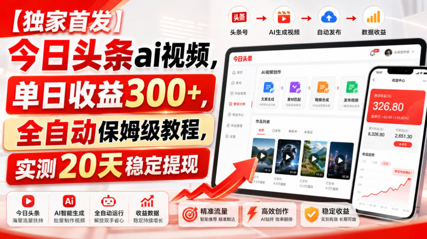 【独家首发】今日头条ai视频,单日收益300+,全自动保姆级教程,实测20天稳定提现【揭秘】 【独家首发】今日头条ai视频,单日收益300+,全自动保姆级教程,实测20天稳定提现【揭秘】