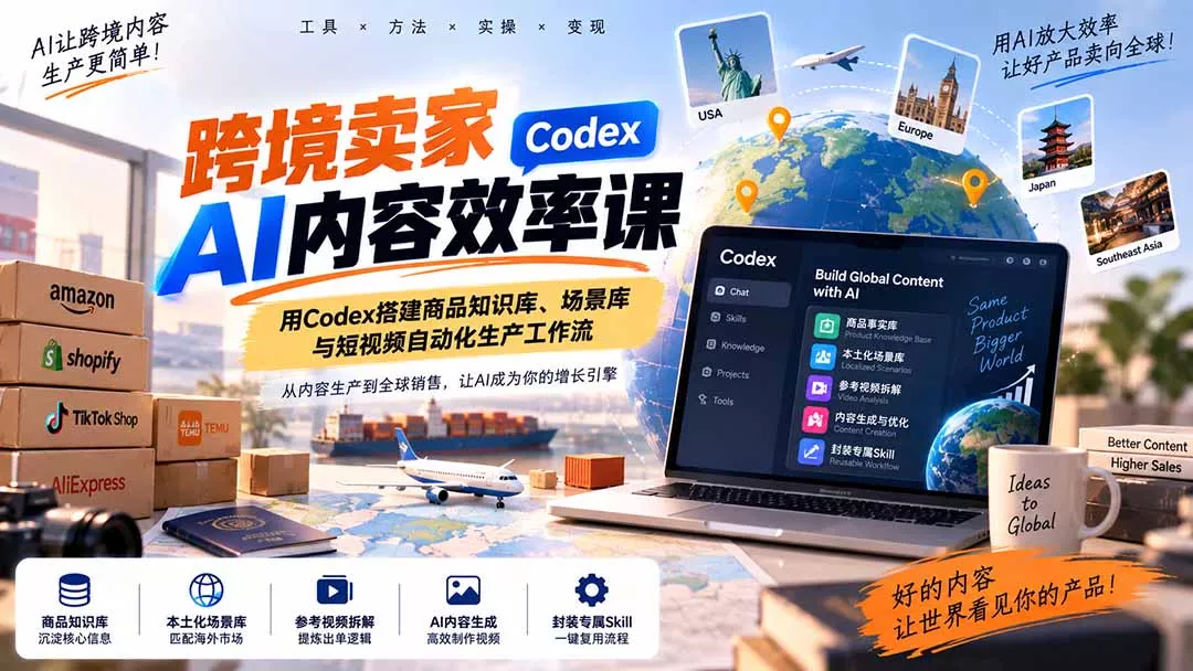 跨境卖家AI内容效率课:用Codex搭建商品知识库、场景库与短视频自动化生产工作流 跨境卖家AI内容效率课:用Codex搭建商品知识库、场景库与短视频自动化生产工作流