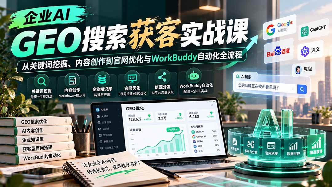 (20643期)企业AI GEO搜索获客实战课:从关键词挖掘、内容创作到官网优化与WorkBuddy自动化全流程 (20643期)企业AI GEO搜索获客实战课:从关键词挖掘、内容创作到官网优化与WorkBuddy自动化全流程