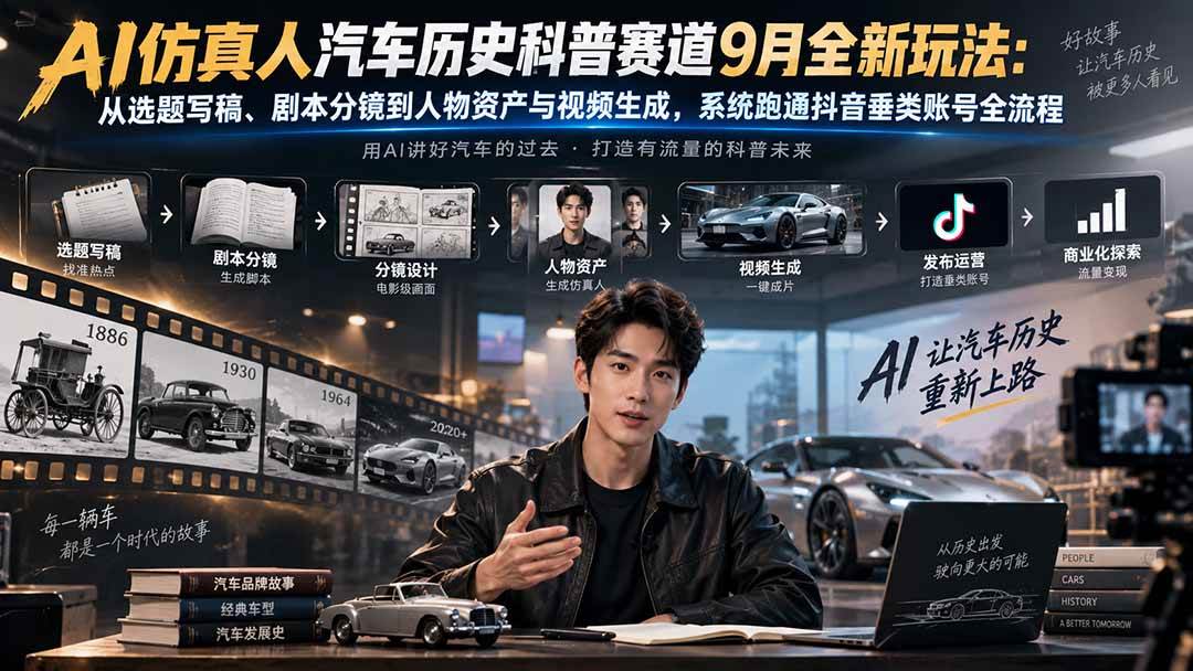 (20413期)AI仿真人汽车历史科普赛道9月全新玩法:从选题写稿、剧本分镜到人物资产与视频生成,系统跑通抖音垂类账号全流程 (20413期)AI仿真人汽车历史科普赛道9月全新玩法:从选题写稿、剧本分镜到人物资产与视频生成,系统跑通抖音垂类账号全流程