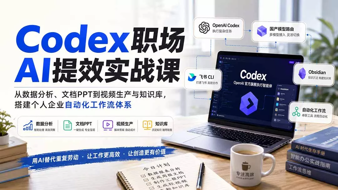 Codex职场AI提效实战课:从数据分析、文档PPT到视频生产与知识库,搭建个人企业自动化工作流体系 Codex职场AI提效实战课:从数据分析、文档PPT到视频生产与知识库,搭建个人企业自动化工作流体系