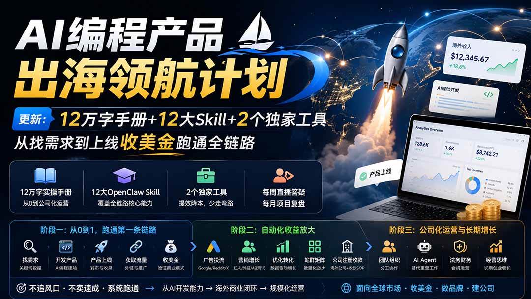 (20015期)AI编程产品出海领航计划-更新:12万字手册+12大Skill+2个独家工具,从找需求到上线收美金跑通全链路 (20015期)AI编程产品出海领航计划-更新:12万字手册+12大Skill+2个独家工具,从找需求到上线收美金跑通全链路