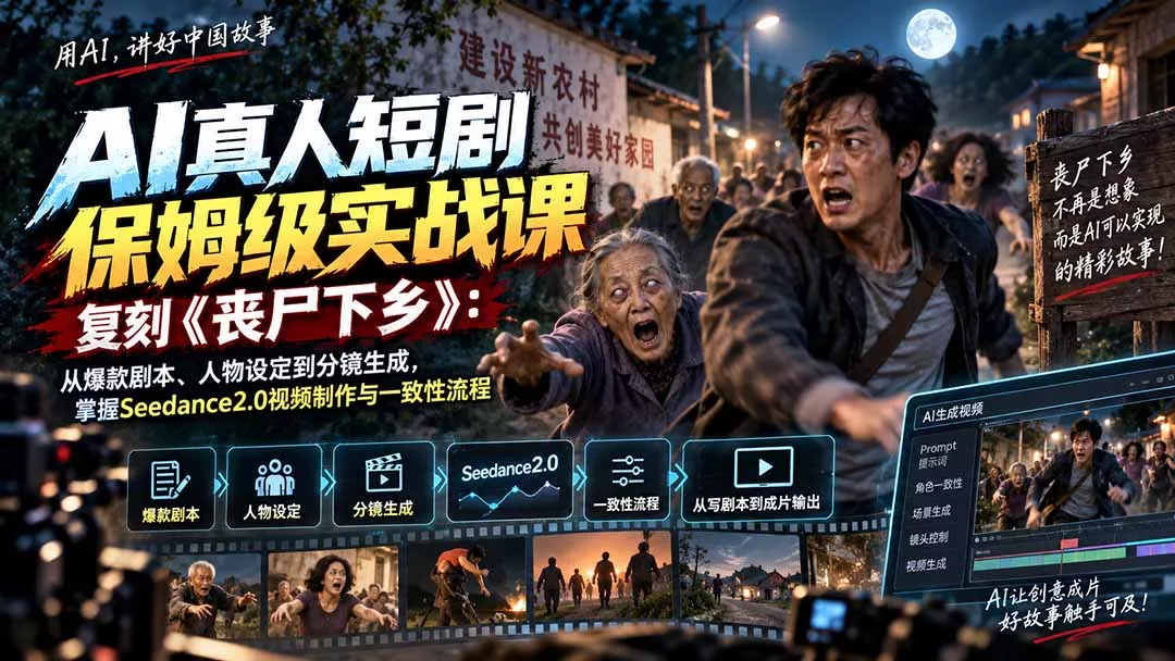 AI真人短剧保姆级实战课,复刻《丧尸下乡》:从爆款剧本、人物设定到分镜生成,掌握Seedance2.0视频制作与一致性流程 AI真人短剧保姆级实战课,复刻《丧尸下乡》:从爆款剧本、人物设定到分镜生成,掌握Seedance2.0视频制作与一致性流程