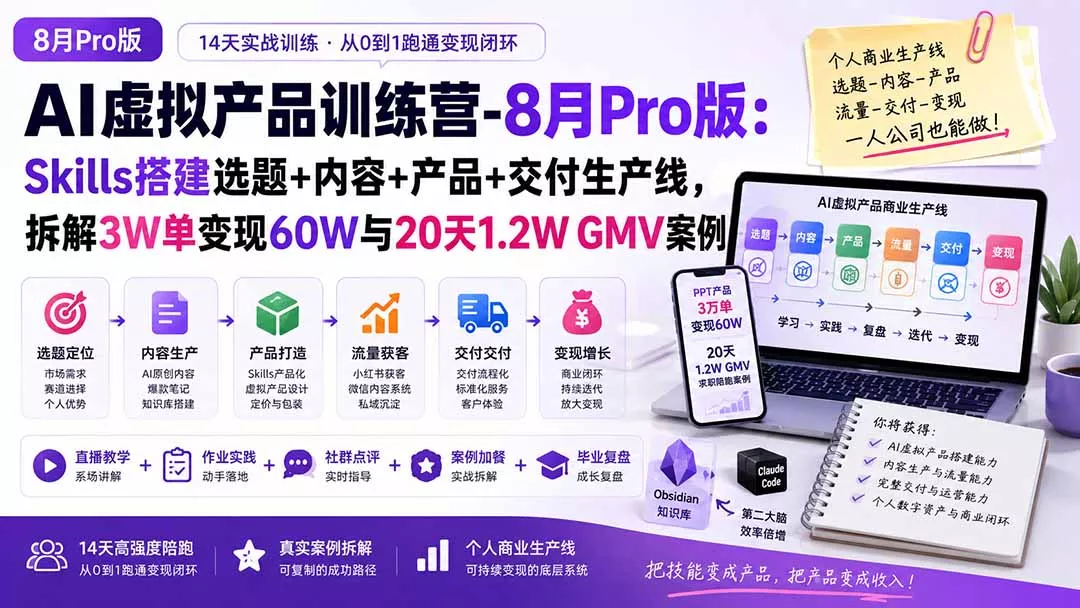 AI虚拟产品训练营-8月Pro版:Skills搭建选题+内容+产品+交付生产线,拆解3W单变现60W与20天1.2W GMV案例 AI虚拟产品训练营-8月Pro版:Skills搭建选题+内容+产品+交付生产线,拆解3W单变现60W与20天1.2W GMV案例