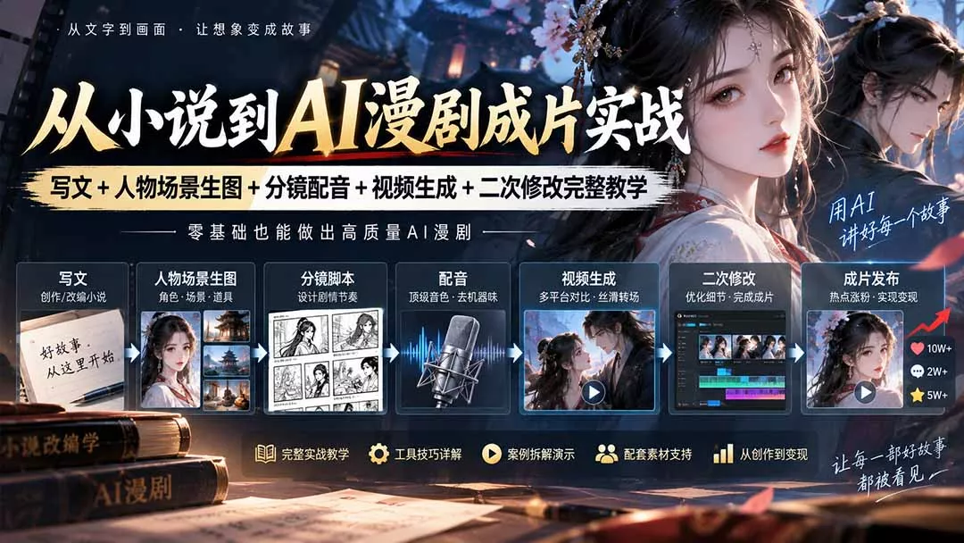 从小说到AI漫剧成片实战:写文+人物场景生图+分镜配音+视频生成+二次修改完整教学 从小说到AI漫剧成片实战:写文+人物场景生图+分镜配音+视频生成+二次修改完整教学
