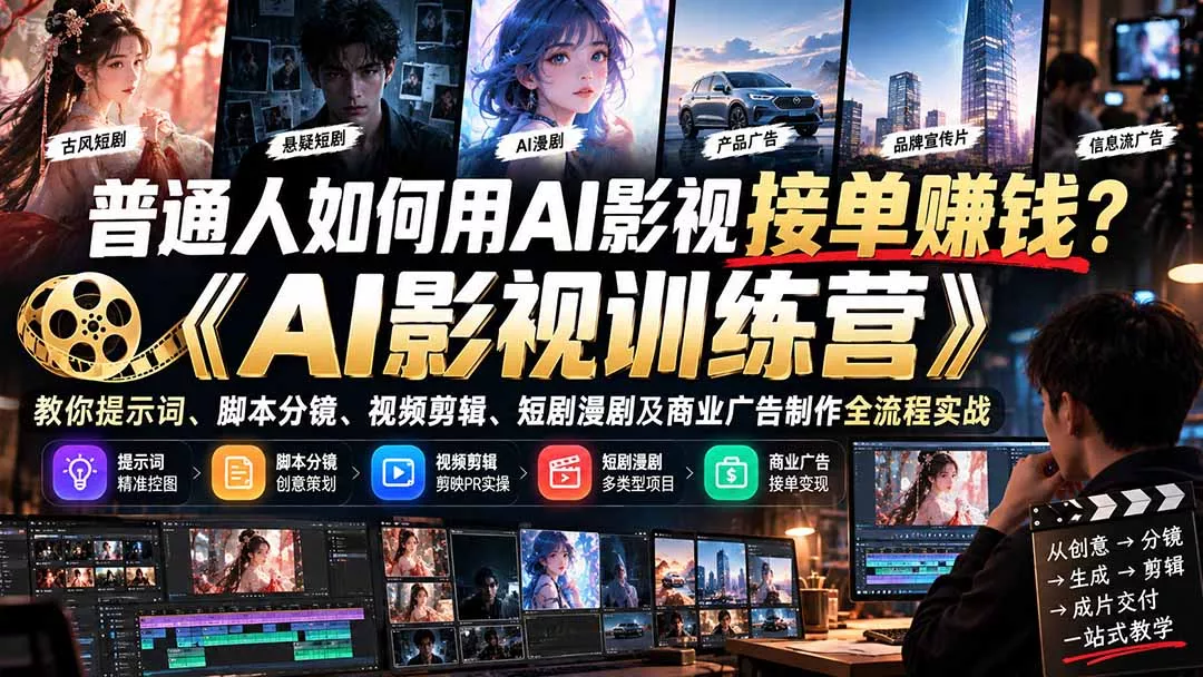 普通人如何用AI影视接单赚钱?《AI影视训练营》教你提示词、脚本分镜、视频剪辑、短剧漫剧及商业广告制作全流程实战 普通人如何用AI影视接单赚钱?《AI影视训练营》教你提示词、脚本分镜、视频剪辑、短剧漫剧及商业广告制作全流程实战