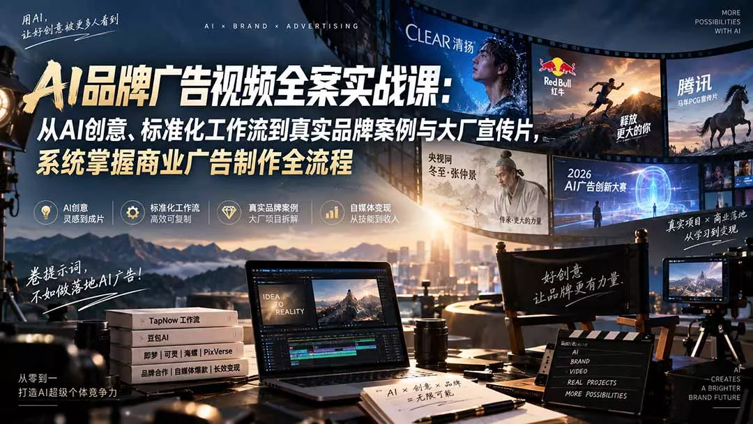 AI品牌广告视频全案实战课:从AI创意、标准化工作流到真实品牌案例与大厂宣传片,系统掌握商业广告制作全流程 AI品牌广告视频全案实战课:从AI创意、标准化工作流到真实品牌案例与大厂宣传片,系统掌握商业广告制作全流程
