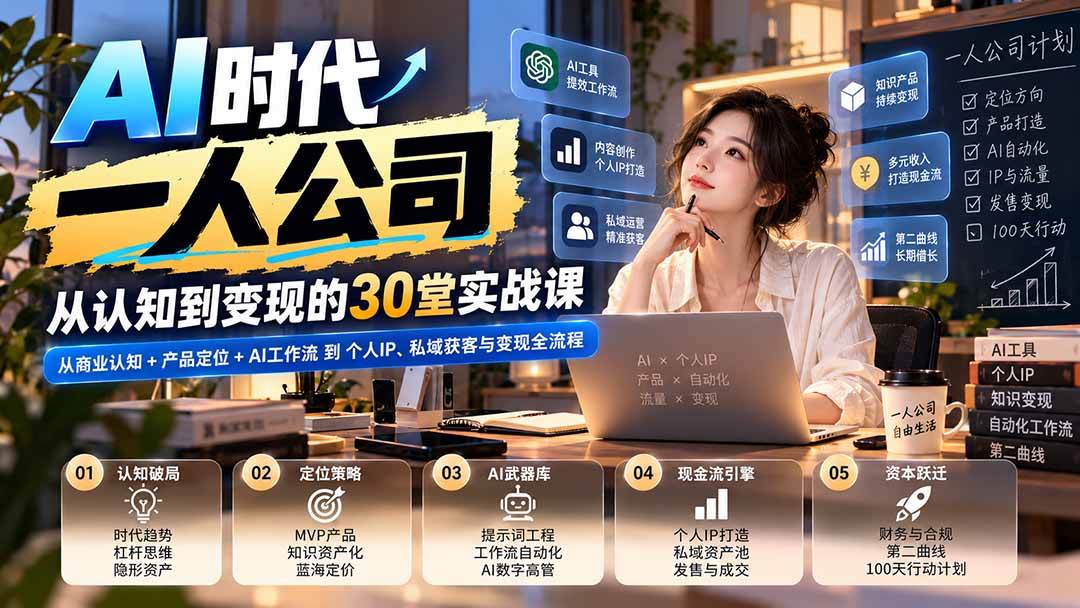 (20847期)【无水印】AI时代一人公司30堂实战课:从商业认知+产品定位+AI工作流到个人IP、私域获客与变现全流程 (20847期)【无水印】AI时代一人公司30堂实战课:从商业认知+产品定位+AI工作流到个人IP、私域获客与变现全流程
