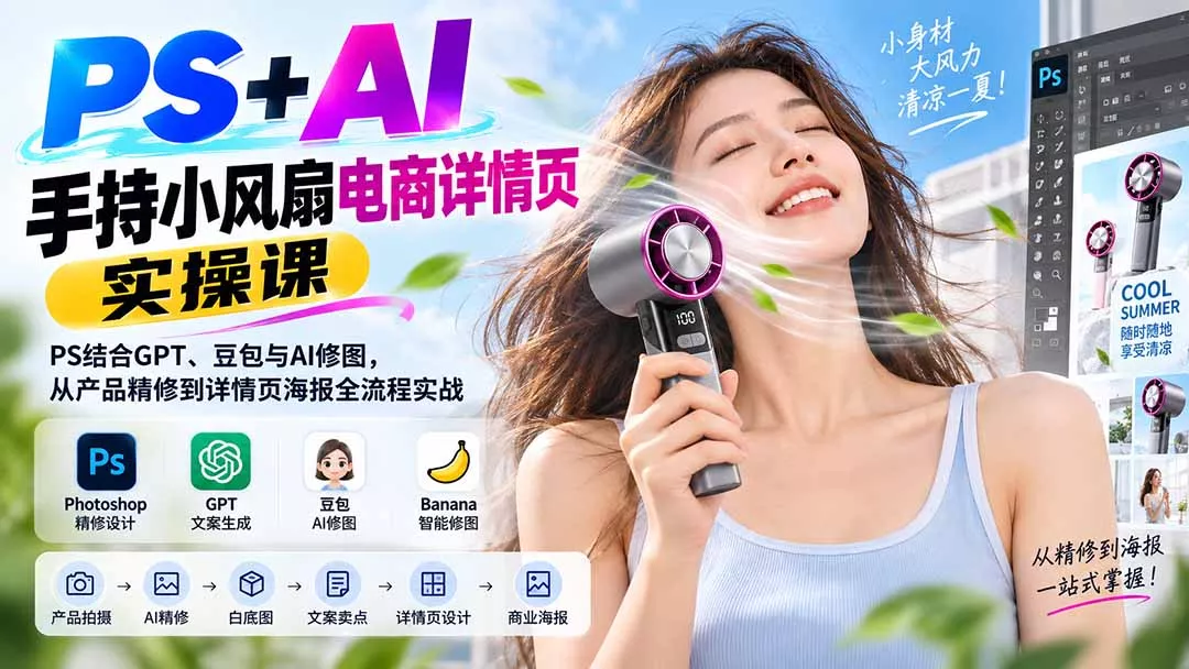 PS+AI手持小风扇电商详情页实操课:PS结合GPT、豆包与AI修图,从产品精修到详情页海报全流程实战 PS+AI手持小风扇电商详情页实操课:PS结合GPT、豆包与AI修图,从产品精修到详情页海报全流程实战