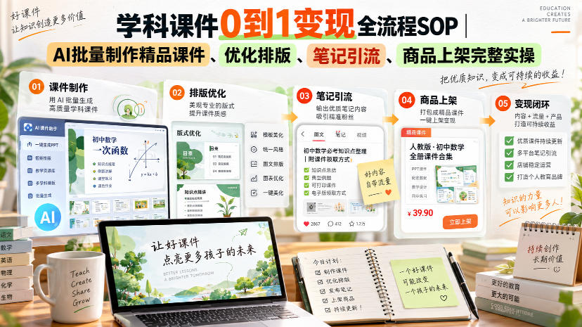 学科课件0到1变现全流程SOP|AI批量制作精品课件、优化排版、笔记引流、商品上架完整实操 学科课件0到1变现全流程SOP|AI批量制作精品课件、优化排版、笔记引流、商品上架完整实操