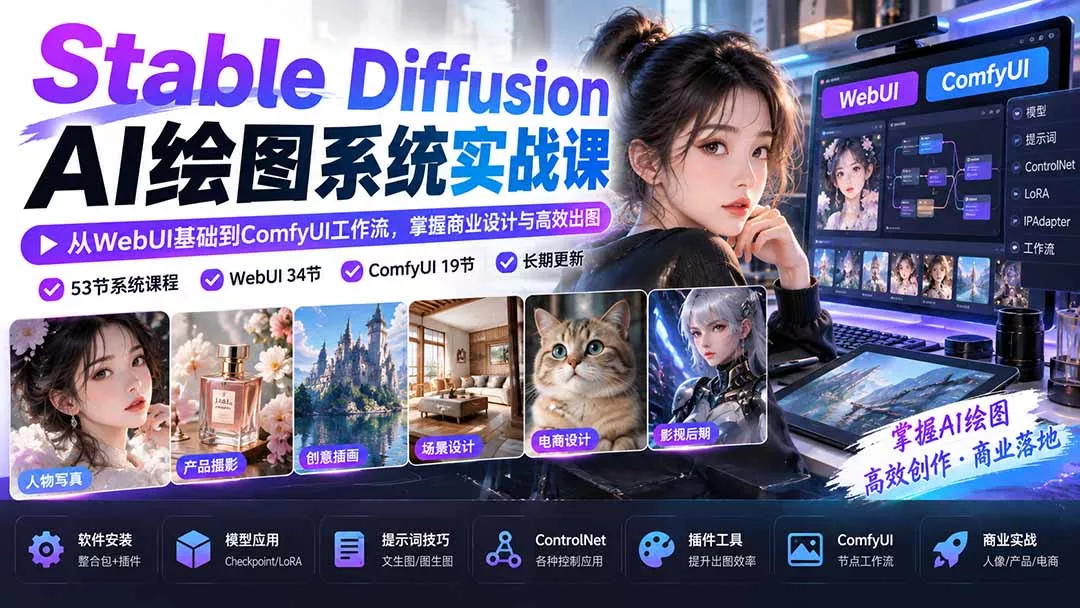 【无水印】Stable Diffusion AI绘图系统实战课:从WebUI基础到ComfyUI工作流,掌握商业设计与高效出图 【无水印】Stable Diffusion AI绘图系统实战课:从WebUI基础到ComfyUI工作流,掌握商业设计与高效出图