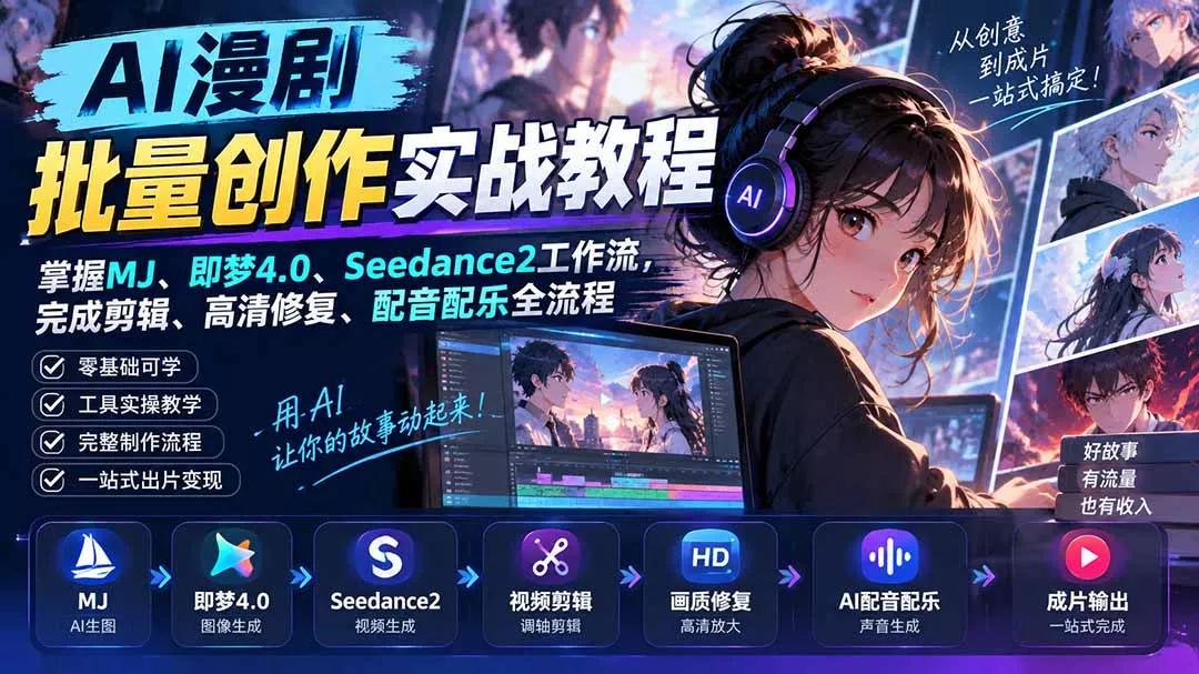 AI漫剧批量创作实战教程:掌握MJ、即梦4.0、Seedance2工作流,完成剪辑、高清修复、配音配乐全流程 AI漫剧批量创作实战教程:掌握MJ、即梦4.0、Seedance2工作流,完成剪辑、高清修复、配音配乐全流程