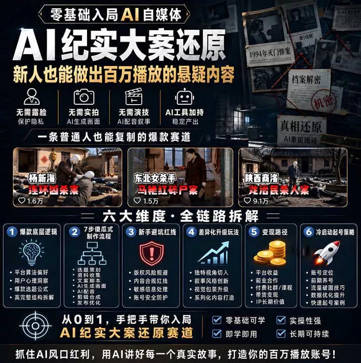 抖音8W粉丝博主的AI纪实大案还原教学,新人也能做出百W播放的悬疑内容,抓住AI风口红利,用AI讲好每一个真实故事(更新1014) 抖音8W粉丝博主的AI纪实大案还原教学,新人也能做出百W播放的悬疑内容,抓住AI风口红利,用AI讲好每一个真实故事(更新1014)