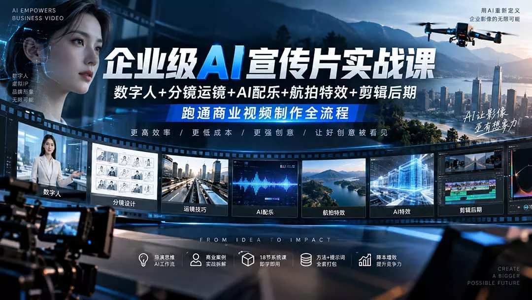 企业级AI宣传片实战课|数字人+分镜运镜+AI配乐+航拍特效+剪辑后期,跑通商业视频制作全流程 企业级AI宣传片实战课|数字人+分镜运镜+AI配乐+航拍特效+剪辑后期,跑通商业视频制作全流程