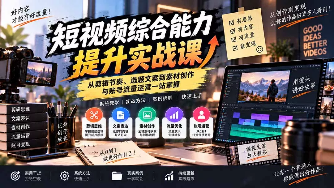 短视频综合能力提升实战课:从剪辑节奏、选题文案到素材创作与账号流量运营一站掌握 短视频综合能力提升实战课:从剪辑节奏、选题文案到素材创作与账号流量运营一站掌握