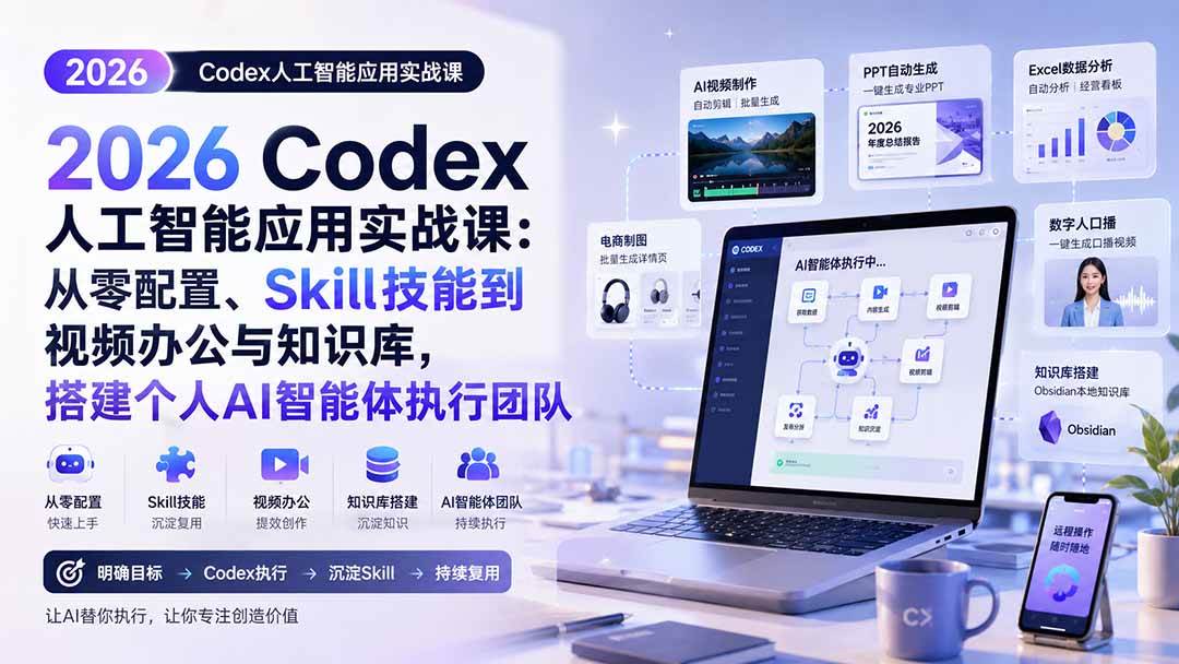 (20067期)2026 Codex人工智能应用实战课:从零配置、Skill技能到视频办公与知识库,搭建个人AI智能体执行团队 (20067期)2026 Codex人工智能应用实战课:从零配置、Skill技能到视频办公与知识库,搭建个人AI智能体执行团队