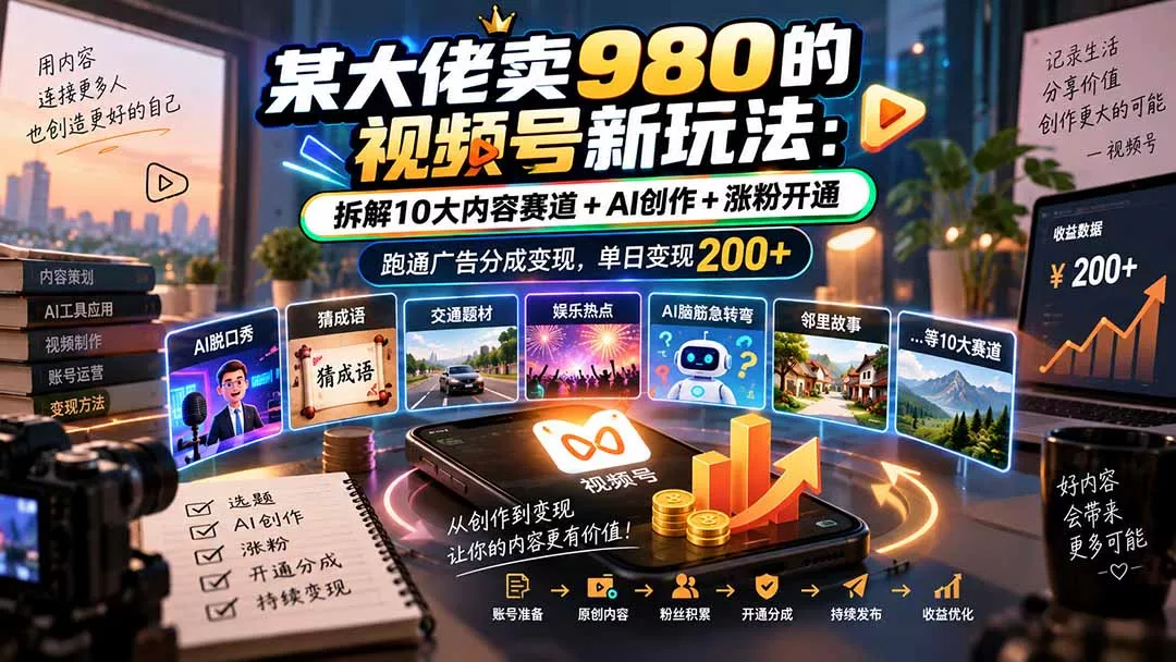 某大佬卖980的视频号新玩法:拆解10大内容赛道+AI创作+涨粉开通,跑通广告分成变现,单日变现200+ 某大佬卖980的视频号新玩法:拆解10大内容赛道+AI创作+涨粉开通,跑通广告分成变现,单日变现200+