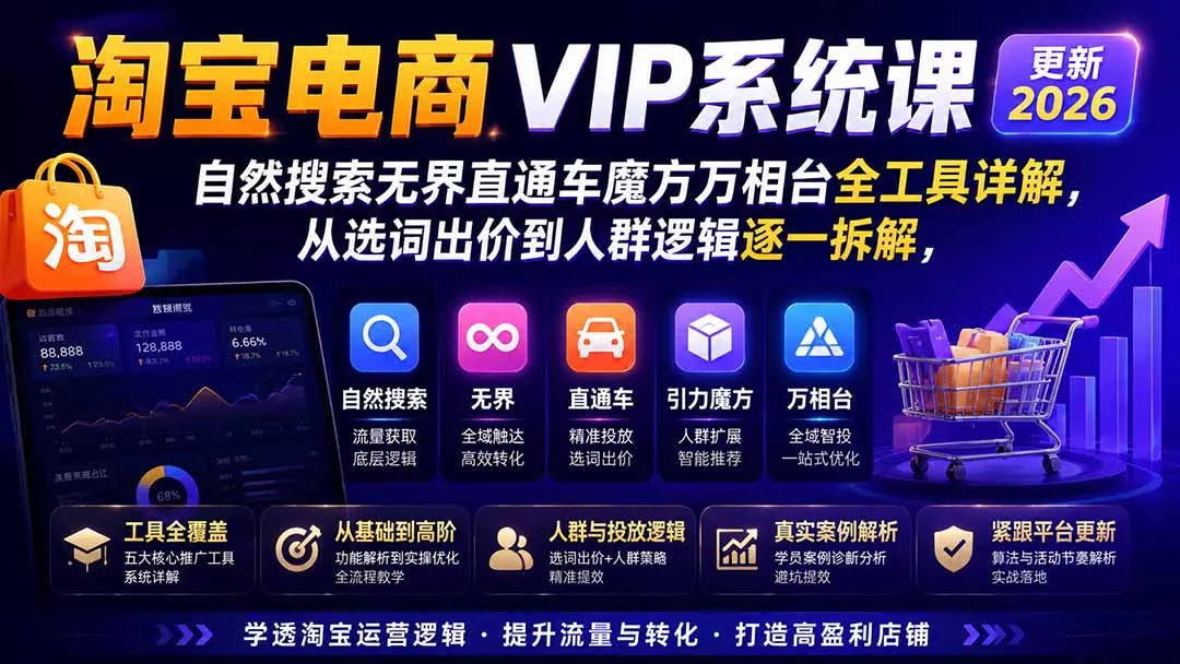 2026淘宝电商终局之战VIP课-更新:自然搜索+直通车+无界+精准人群,系统掌握测款动销与全店推广布局方法 2026淘宝电商终局之战VIP课-更新:自然搜索+直通车+无界+精准人群,系统掌握测款动销与全店推广布局方法