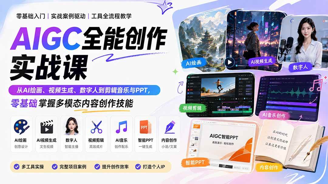 (20065期)AIGC全能创作实战课:从AI绘画、视频生成、数字人到剪辑音乐与PPT,零基础掌握多模态内容创作技能 (20065期)AIGC全能创作实战课:从AI绘画、视频生成、数字人到剪辑音乐与PPT,零基础掌握多模态内容创作技能