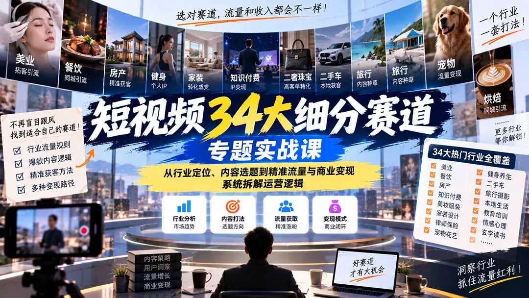 短视频34大细分赛道专题实战课:从行业定位、内容选题到精准流量与商业变现,系统拆解运营逻辑 短视频34大细分赛道专题实战课:从行业定位、内容选题到精准流量与商业变现,系统拆解运营逻辑