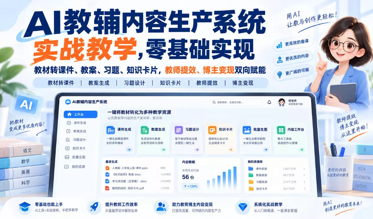 【无水印】AI教辅内容生产系统实战教学,零基础实现教材转课件、教案、习题、知识卡片,教师提效、博主变现双向赋能(更新0926) 【无水印】AI教辅内容生产系统实战教学,零基础实现教材转课件、教案、习题、知识卡片,教师提效、博主变现双向赋能(更新0926)