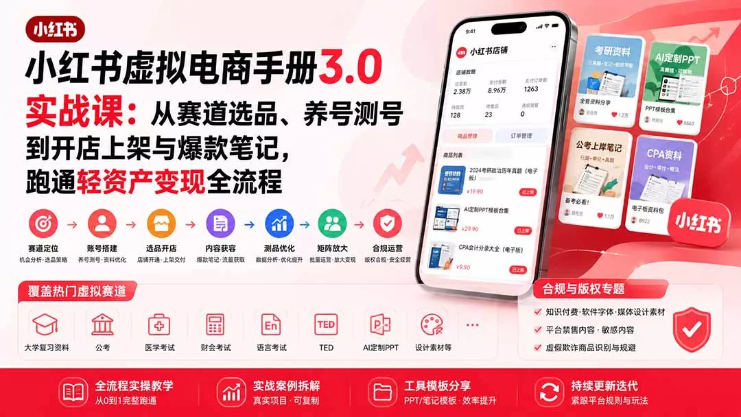 小红书虚拟电商手册3.0实战课:从赛道选品、养号测号到开店上架与爆款笔记,跑通轻资产变现全流程 小红书虚拟电商手册3.0实战课:从赛道选品、养号测号到开店上架与爆款笔记,跑通轻资产变现全流程