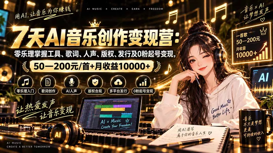 AI音乐创作变现营:零乐理掌握工具、歌词、人声、版权、发行及0粉起号变现,50—200元/首+月收益10000+ AI音乐创作变现营:零乐理掌握工具、歌词、人声、版权、发行及0粉起号变现,50—200元/首+月收益10000+