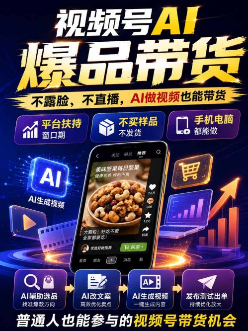 视频号Ai爆品带货,不露脸、不直播、不买样品、不开店、不发货,AI做视频也能带货,轻松单日佣金1k+ 视频号Ai爆品带货,不露脸、不直播、不买样品、不开店、不发货,AI做视频也能带货,轻松单日佣金1k+