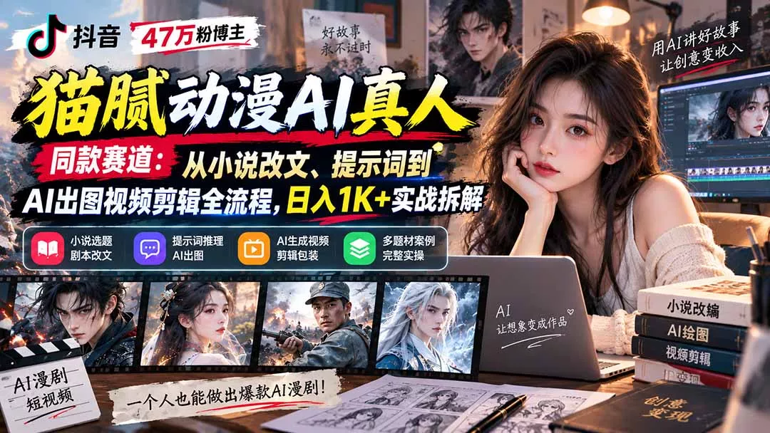 抖音47万粉博主猫腻动漫AI真人同款赛道:从小说改文、提示词到AI出图视频剪辑全流程,日入1K+实战拆解 抖音47万粉博主猫腻动漫AI真人同款赛道:从小说改文、提示词到AI出图视频剪辑全流程,日入1K+实战拆解