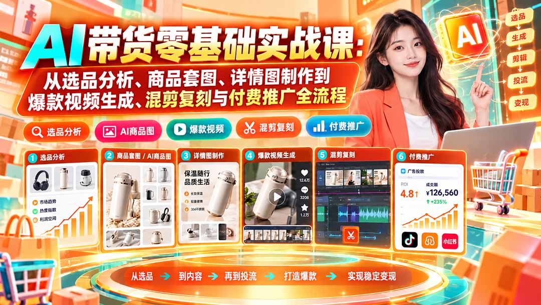 AI带货零基础实战课:从选品分析、商品套图、详情图制作到爆款视频生成、混剪复刻与付费推广全流程 AI带货零基础实战课:从选品分析、商品套图、详情图制作到爆款视频生成、混剪复刻与付费推广全流程