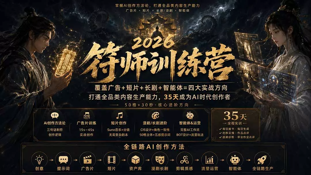 符师训练营-35天成为AI时代创作者,广告+短片+漫剧+智能体四大实战方向,掌握从创意到上线的完整工作流 符师训练营-35天成为AI时代创作者,广告+短片+漫剧+智能体四大实战方向,掌握从创意到上线的完整工作流