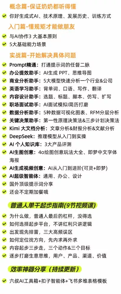 AI私教实战课-更新8月:从提示词、智能体到内容生产与流量获客,系统打造AI时代超级个体核心能力 AI私教实战课-更新8月:从提示词、智能体到内容生产与流量获客,系统打造AI时代超级个体核心能力