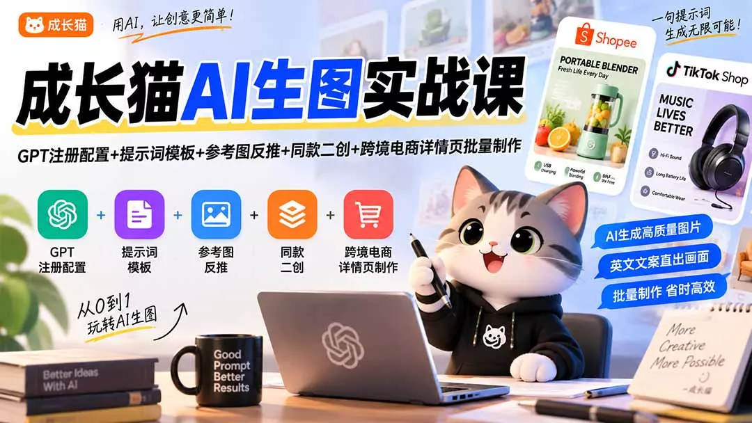成长猫AI生图实战课|GPT注册配置+提示词模板+参考图反推+同款二创+跨境电商详情页批量制作 成长猫AI生图实战课|GPT注册配置+提示词模板+参考图反推+同款二创+跨境电商详情页批量制作