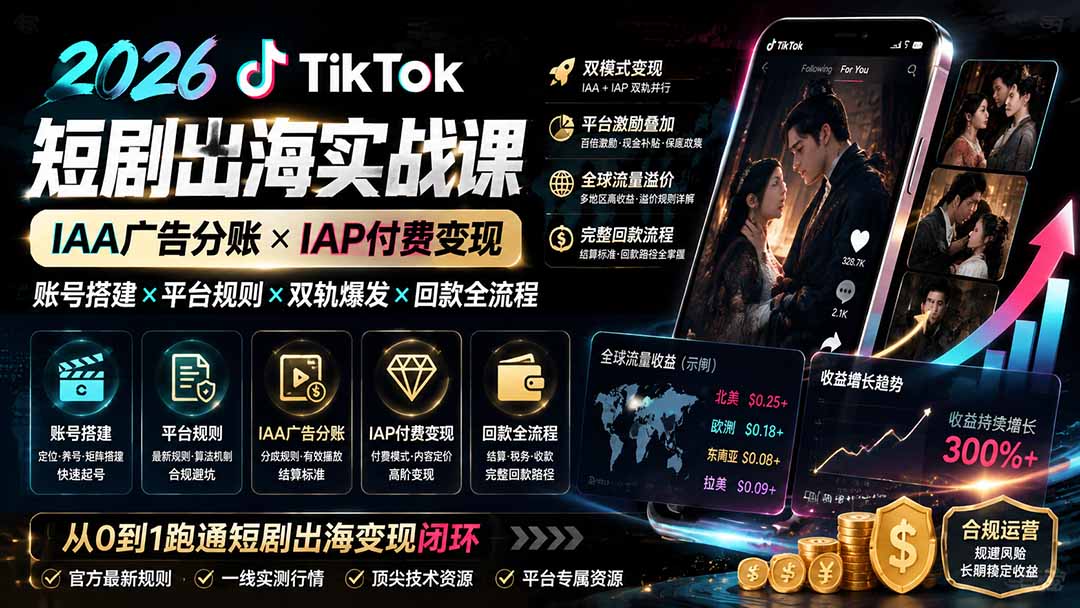 2026TikTok短剧出海实战课:IAA广告分账×IAP付费变现×账号搭建×平台规则×双轨爆发×回款全流程 2026TikTok短剧出海实战课:IAA广告分账×IAP付费变现×账号搭建×平台规则×双轨爆发×回款全流程