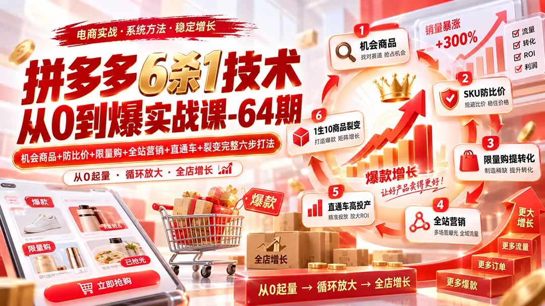 拼多多6杀1技术从0到爆实战课-64期:机会商品+防比价+限量购+全站营销+直通车+裂变完整六步打法 拼多多6杀1技术从0到爆实战课-64期:机会商品+防比价+限量购+全站营销+直通车+裂变完整六步打法