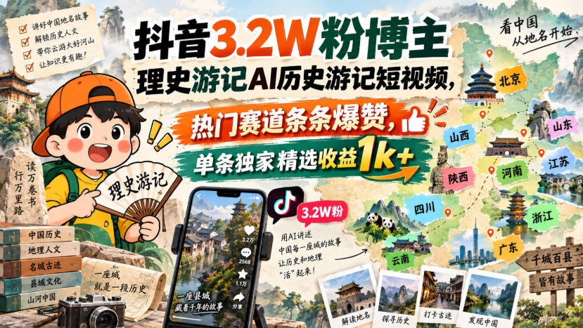 抖音3.2W粉博主理史游记AI历史游记短视频教学,热门赛道条条爆赞,单条独家精选收益1k+ 抖音3.2W粉博主理史游记AI历史游记短视频教学,热门赛道条条爆赞,单条独家精选收益1k+