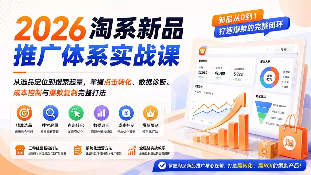 2026淘系新品推广体系实战课:从选品定位到搜索起量,掌握点击转化、数据诊断、成本控制与爆款复制完整打法 2026淘系新品推广体系实战课:从选品定位到搜索起量,掌握点击转化、数据诊断、成本控制与爆款复制完整打法