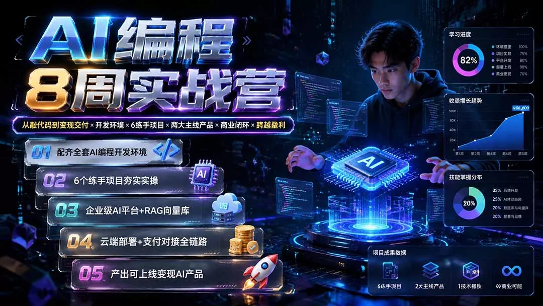 AI编程8周实战营:从敲代码到变现交付×开发环境×6练手项目×两大主线产品×商业闭环×跨越盈利 AI编程8周实战营:从敲代码到变现交付×开发环境×6练手项目×两大主线产品×商业闭环×跨越盈利